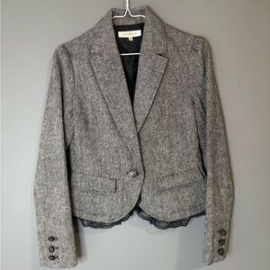 Vintage Glacier gray blazer with black lace trim. Size M, button up